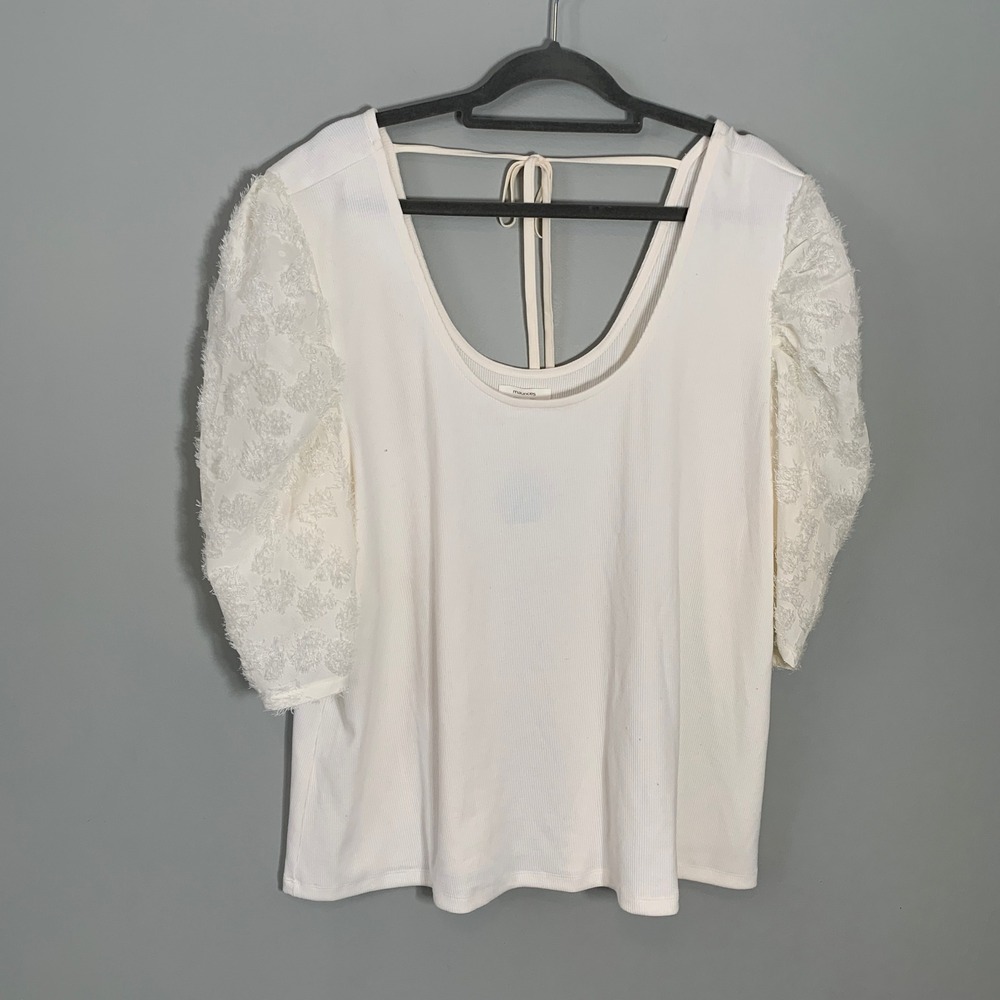 NEW Maurices Women Off White Ribbed‎ Puff Sleeve Eyelash Floral Tie Back Top 3X
